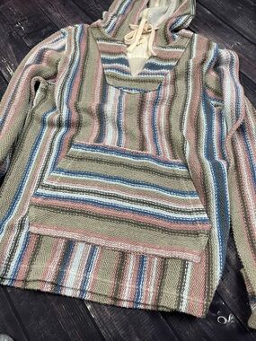 Lucky Brand Striped Baja Hoodie Pullover Sweater in Sage Pink Blue